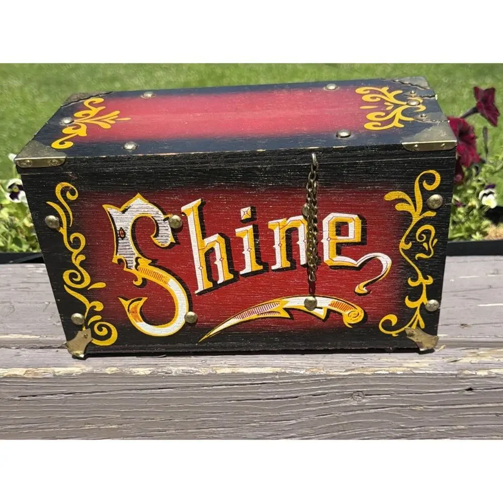 Vintage Wood Brass Shoeshine Box 5 Cent Shine w/ Brush Barber Shop Americana